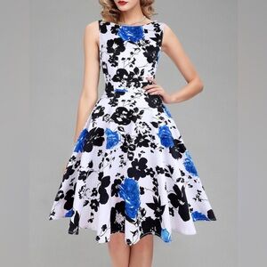 Vintage Style Floral Blue and Black Dress